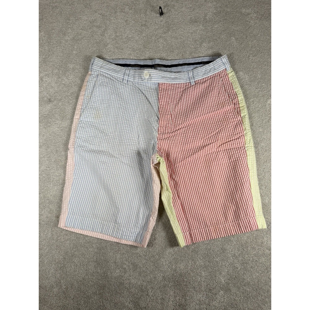 Brooks Brothers Mens 35 Seersucker Patchwork Shorts Pink Blue Yellow Stripe 10"